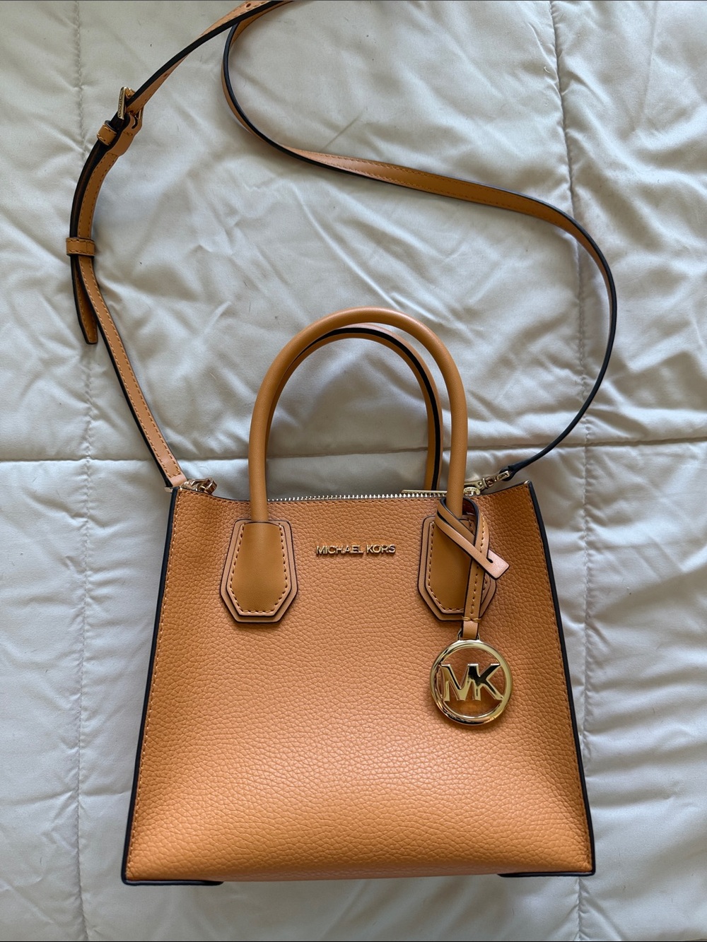 Michael Kors Orange Pebbled Leather Satchel with Gold MK Charm